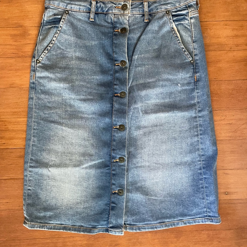 Pilcro and the Letterpress Blue Button-Front Midi Skirt